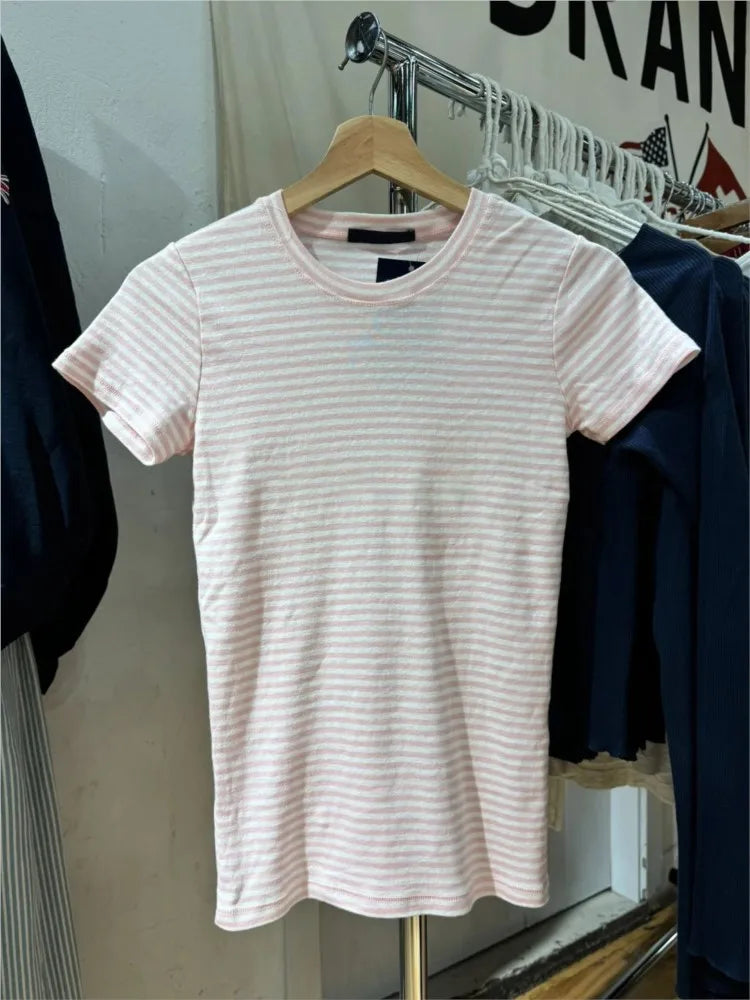 Vintage Striped Slim T-shirt Women Spring New Round Neck Cotton Short Sleeve Tee Shirts Female Cute Preppy Style Y2K T shirts