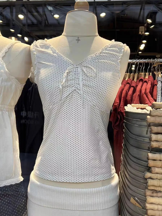 Sweet Polka Dot White Tank Top Woman Summer Folds Bow V-neck Cotton Slim Camisole Cute Vintage All-match Crop Top Y2K Vest New