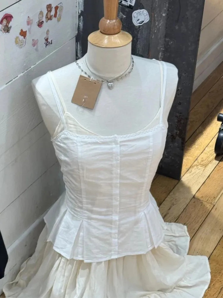 New White Folds Lace Trim Tank Top for Woman Summer Simple Single Breasted Slim Camisole Female Sweet Preppy Style Vest Y2k Tops