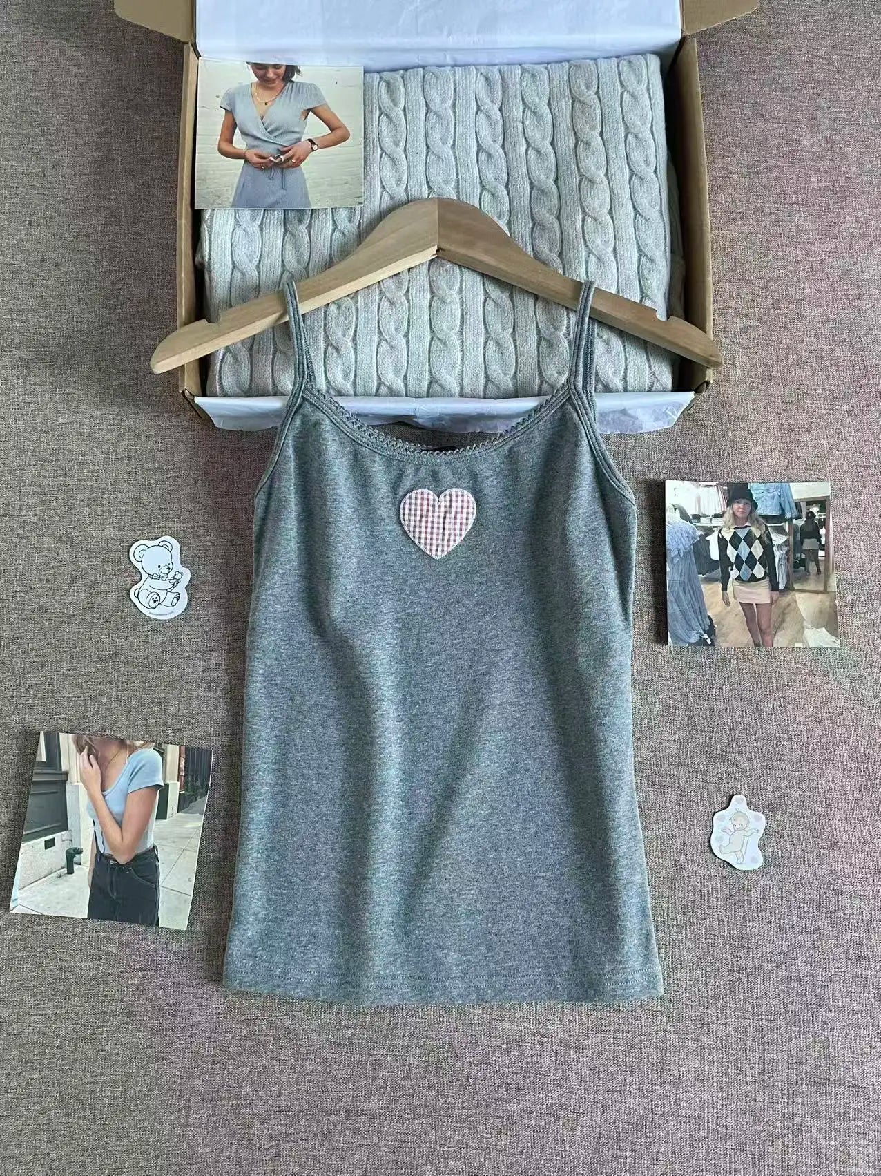 Heart Embroidery Tank Top for Women Summer Gray Cotton Lace Trim Sleeveless Camisole Cute Sweet Preppy Style Tops Y2K Tshirt