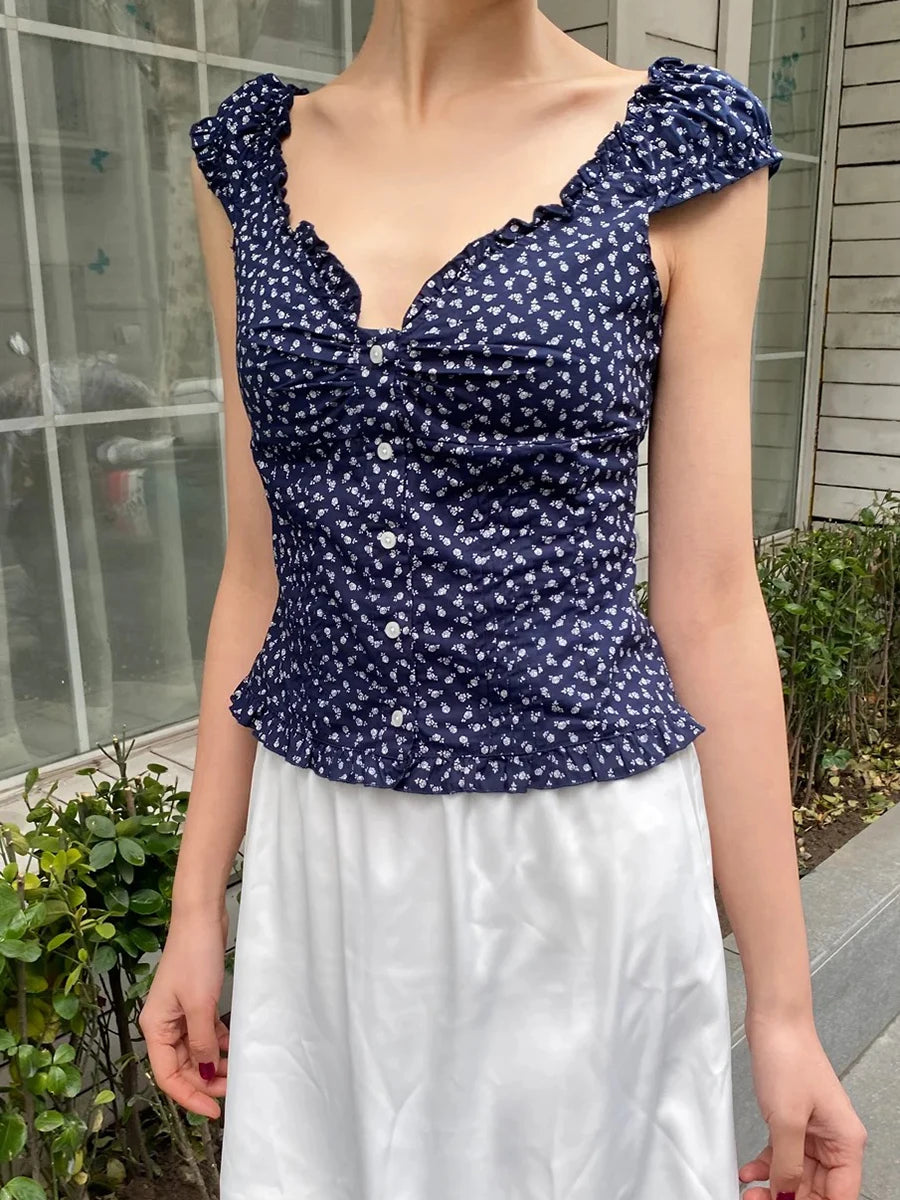 Blue Striped Folds Blouse Top Women New Casual Single Breasted Ruffle Sleeveless Tank Tops Vest Sweet Preppy Style Camisole Y2K