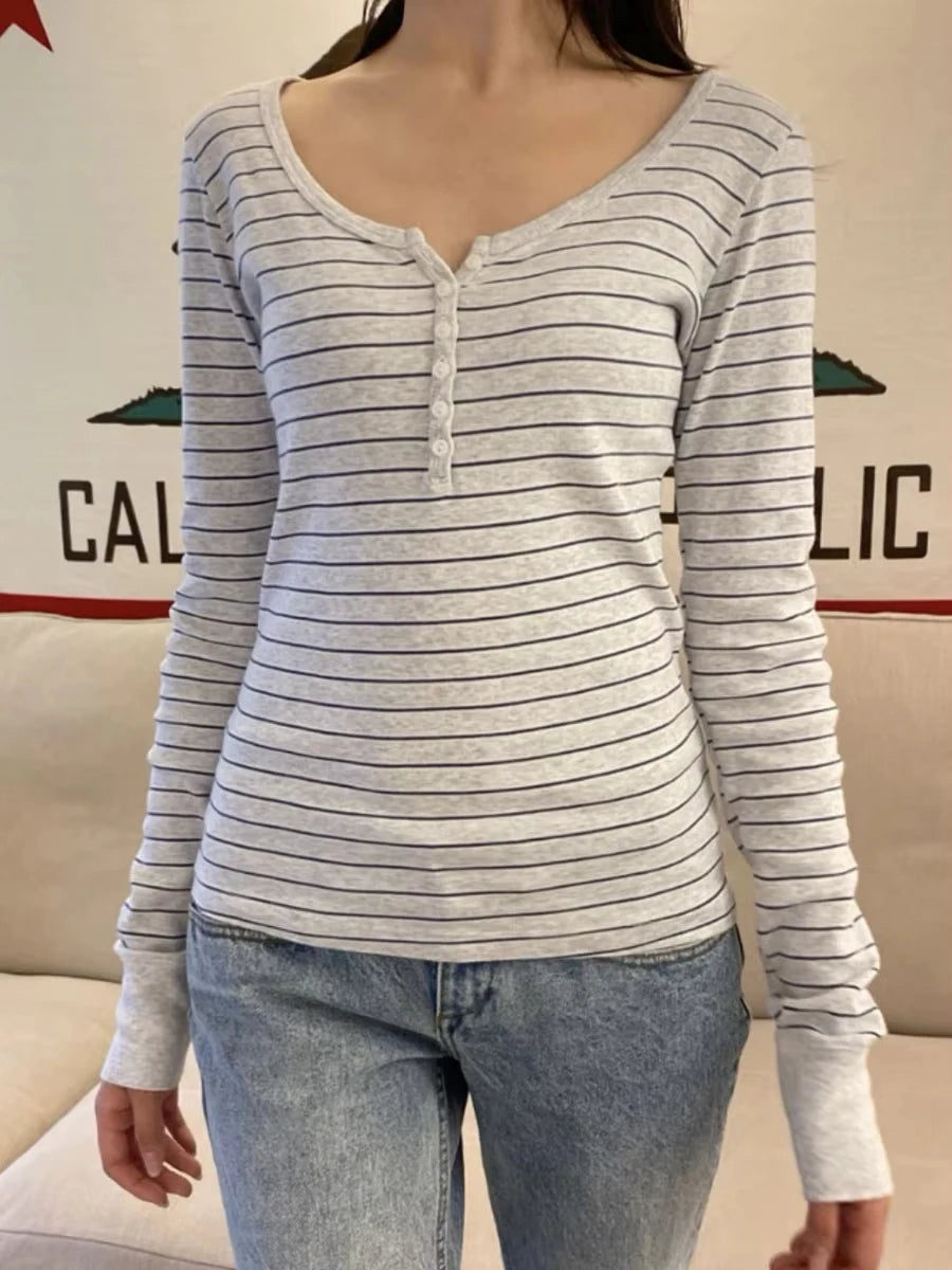 Sweet Pink Six Buttons Ribbed Long Sleeve T-shirts Women Spring Round Neck Cotton Slim Tee Top Female Cute Tshirt Y2k Tops New