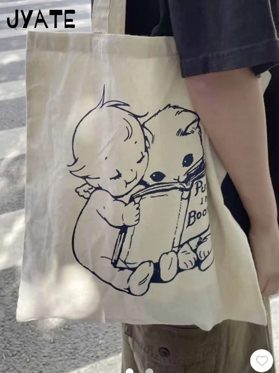 Canvas Cute Cartoon Print Shoulder Bags Female White Simple Large Capacity Messenger Hobo Casual Fashion Women's Crossbody Bag