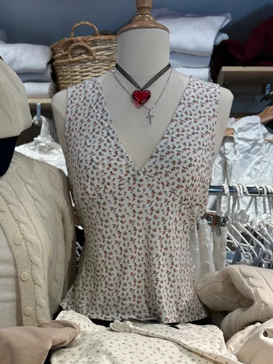 Red Floral Sexy Deep V-neck Tank Tops Women Summer New Lace-up Slim Sleeveless Camisole Vintage Streetwear Sweet Vests Y2K Top