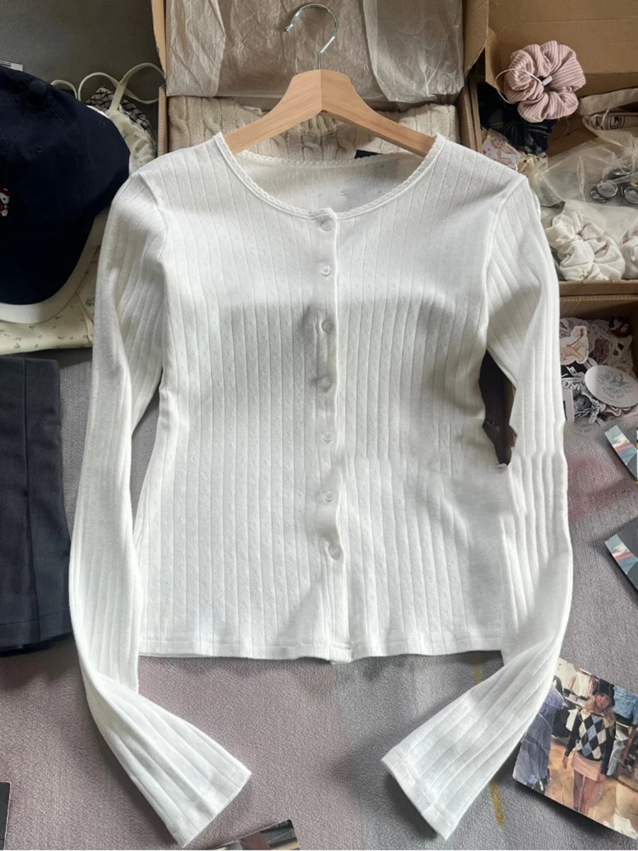 Eyelet Buttons Long Sleeve T-shirt Pants Set Women White Lace Trim O-neck Slim Tees+ Casual Sweatpants Cotton Home 2 Piece Sets