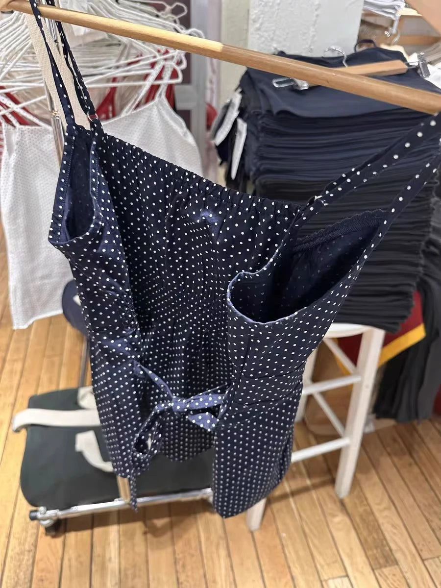 Navy Dot Slim Buttons Tank Top Woman Summer New Lace Trim V-neck Back Lace-up Cotton Camis Clothes Vintage Sweet Crop Tops Y2K