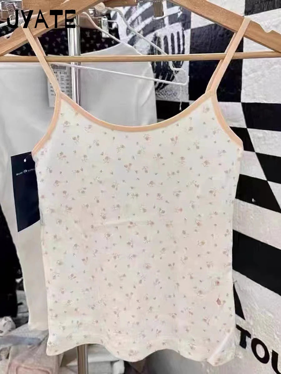 Eyelet Floral Print Patchwork Pink Tank Tops Women Summer New Casual Cotton Soft Slim Crop Top Preppy Sweet Cute Chic Camis Y2K