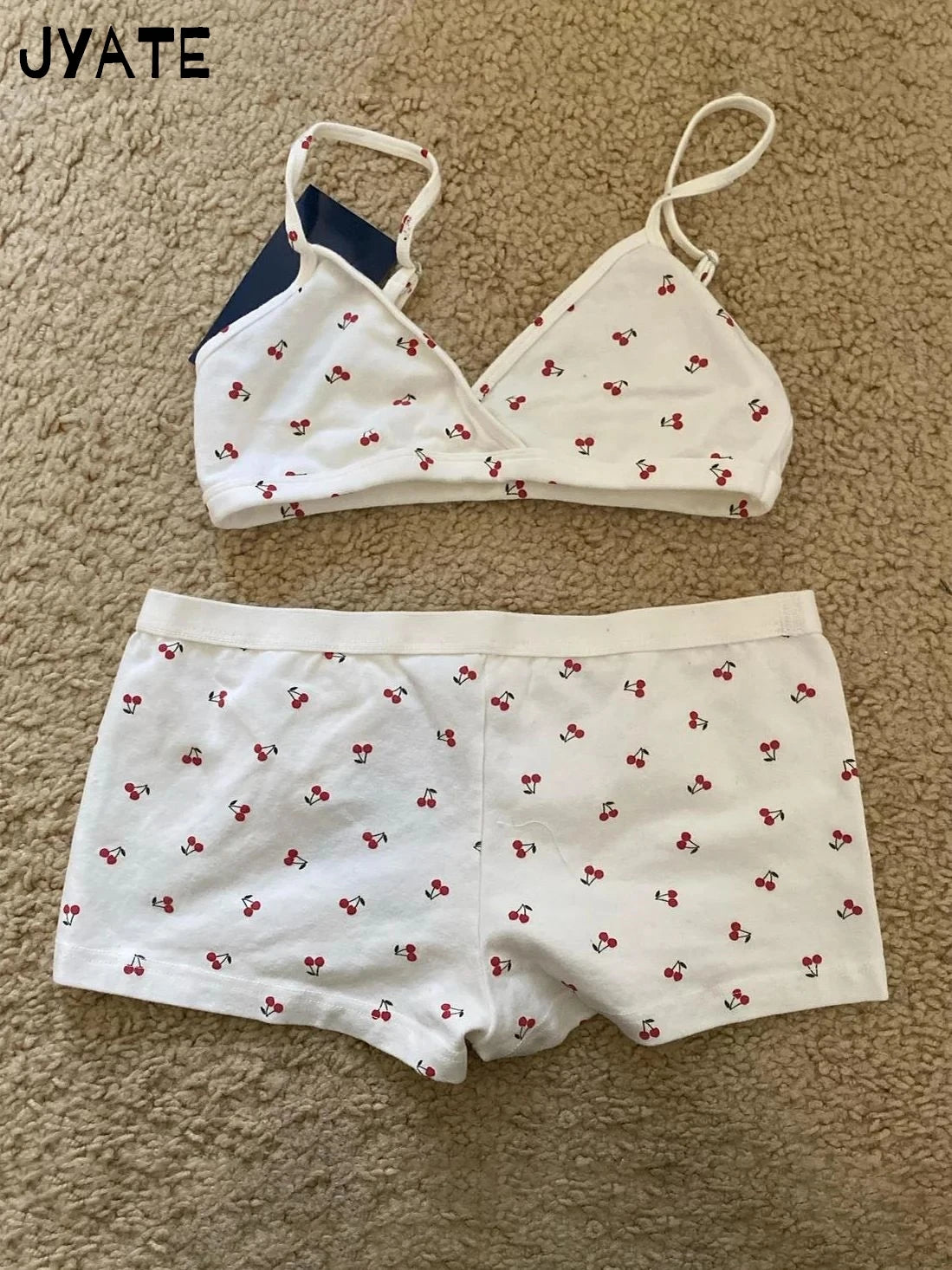 Cherry Print Eyelet Straight Home Underwear Women New Cotton Soft Elastic Waist Pajama Short Pants Sweet Cute Preppy Shorts Y2K