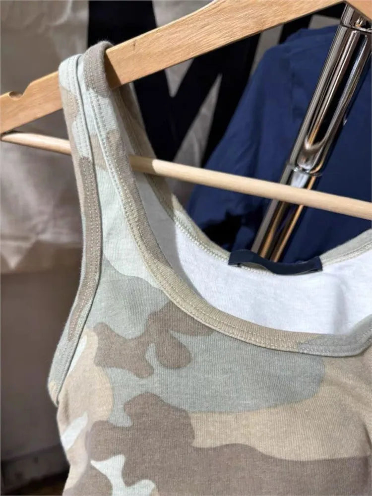 Vintage Camouflage Slim Tank Top Women Summer New U Collar Sleeveless Cotton Camisole Streetwear Preppy Style Punk Vest Y2K Tops