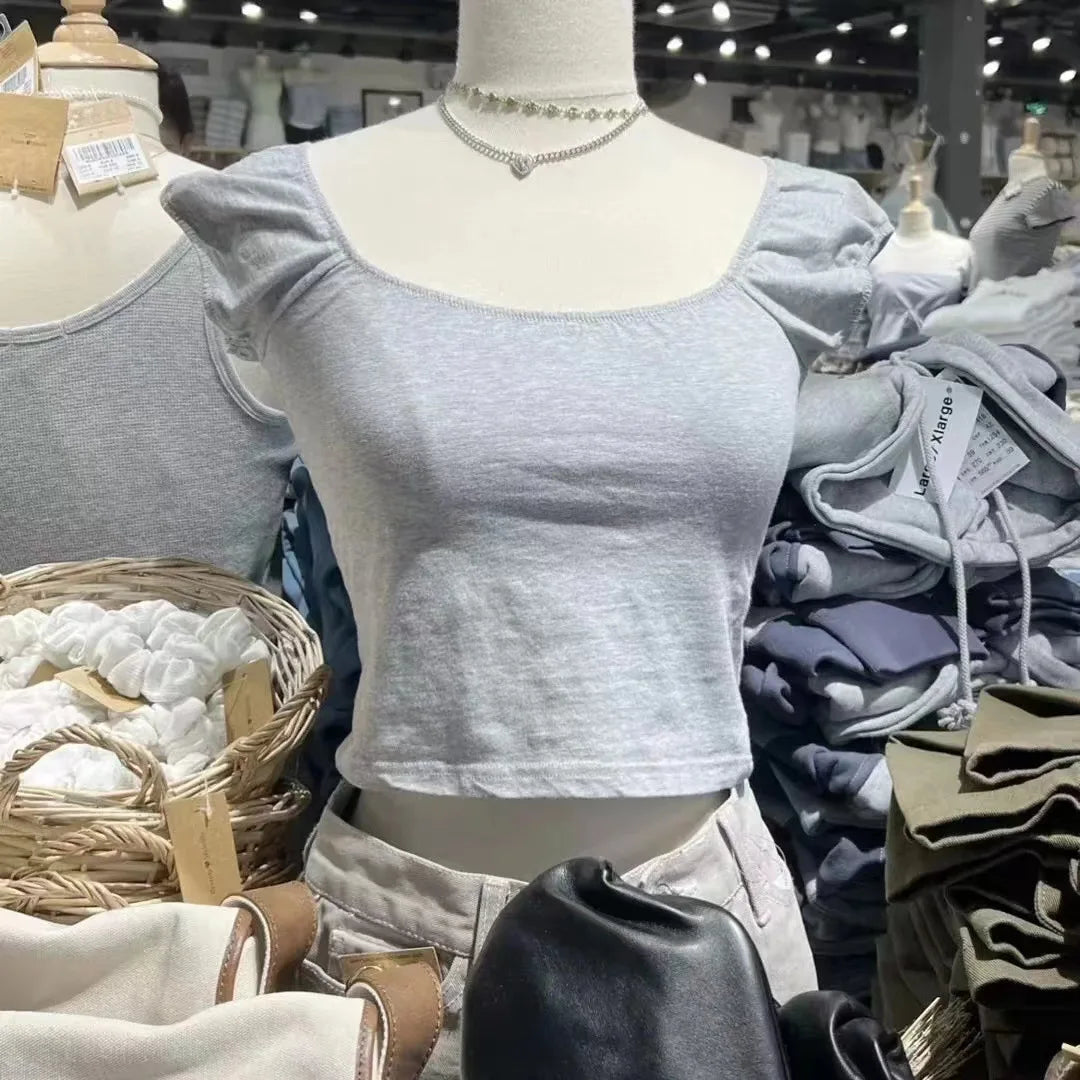 Mint Green Folds Slim T-shirts Women Summer Vintage Square Collar Cotton Puff Sleeve Tees Female Aesthetic Sweet Cute Y2K Tops