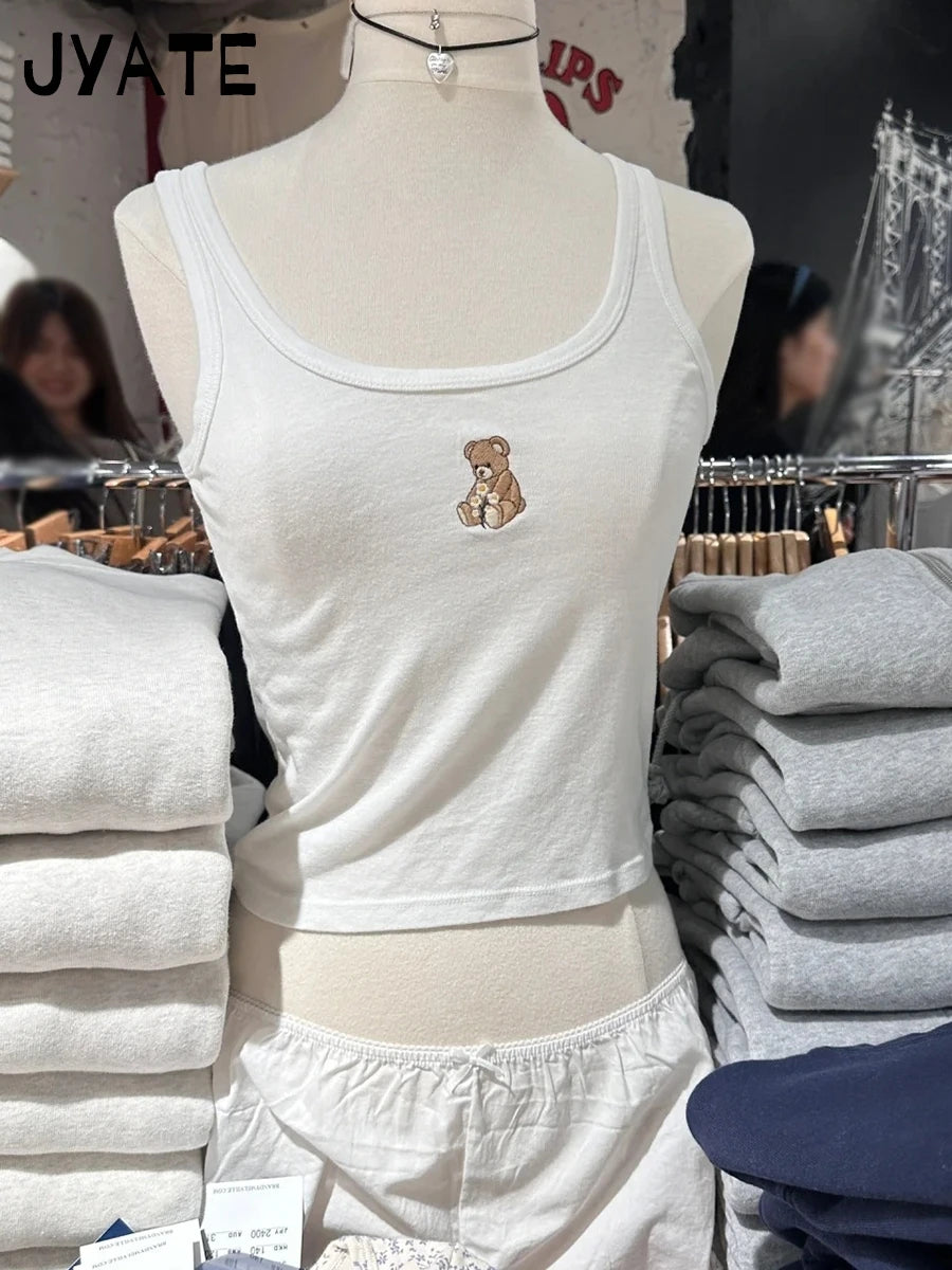 Little Yellow Duck Embroidered Tank Tops Women New Cotton U-neck Cute Chic Flower Graphic Vests Sweet Preppy Style Camisole Y2K