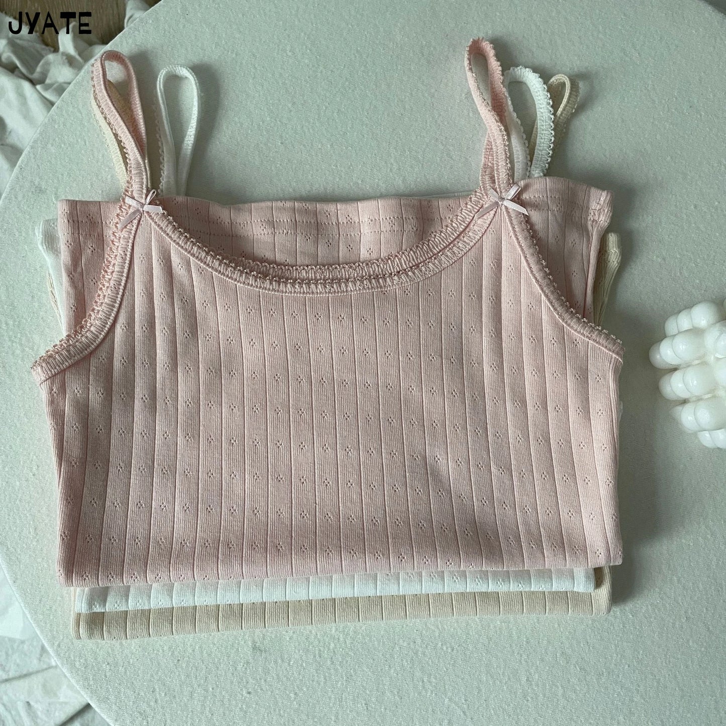 Sweet Lace Trim Eyelet Bow Tank Tops Women Cotton Soft Casual Solid Slim Basic Sleeveless Vests Cute Preppy Style Camisole Y2K