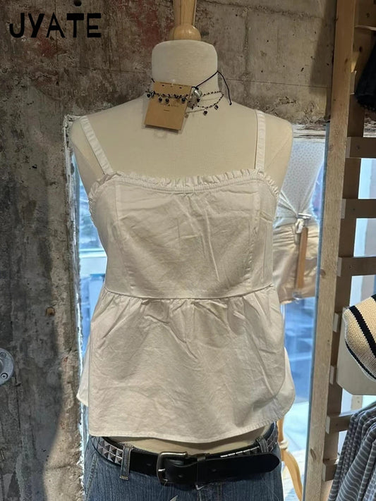 Sweet White Square Neck Camisole Women 2024 Summer New Streetwear Simple Ruffles Sleeveless Vests Cute Preppy Style Tank Top Y2K
