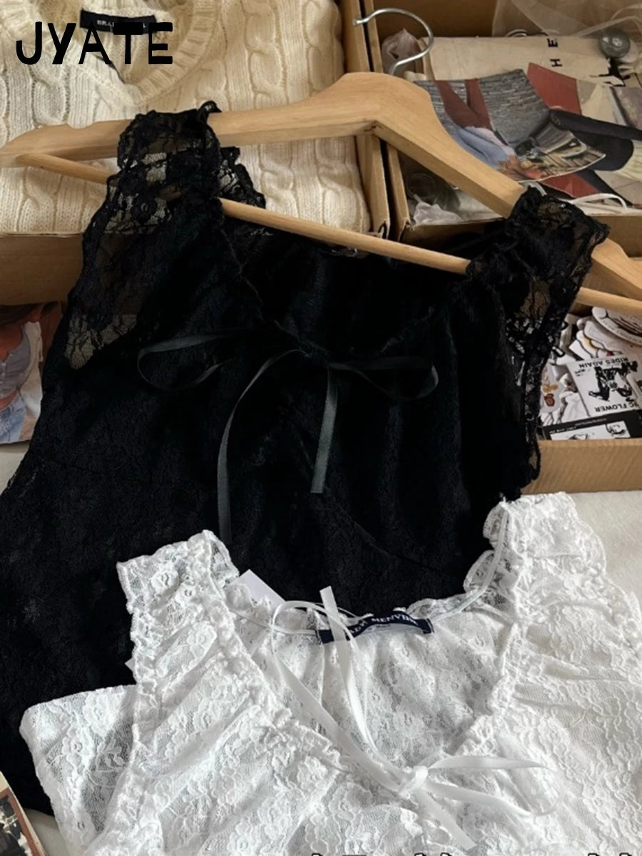 White Lace See Through Bow Sleeveless Vests Women Summer New Slim Casual V-neck Crop Tops FemaleSexy Vintage Sweet Tank Top Y2K