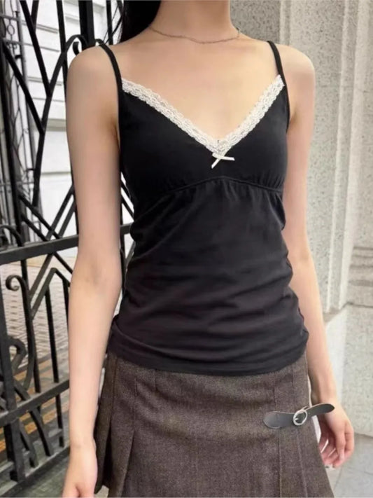 Black Harajuku Folds V-neck Bow Black Tank Tops Women Lace Trim Cotton Sleeveless Slim Cropped Camisole Vintage Sweet Crop Top