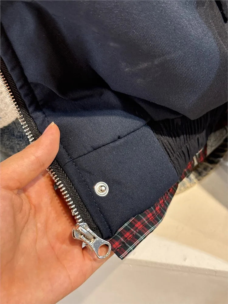 Vintage Internal Red Plaid Zipper Flight Jacket Women Autumn Cotton Warm Thick Stand Collar Jackets Chic Simple Loose Tops Y2K