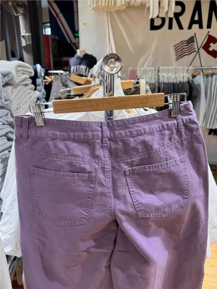 Purple Straight Jeans Women Casual Chic Streetwear Back Pockets Cotton Denim Long Pants Female Sweet Simple Trousers