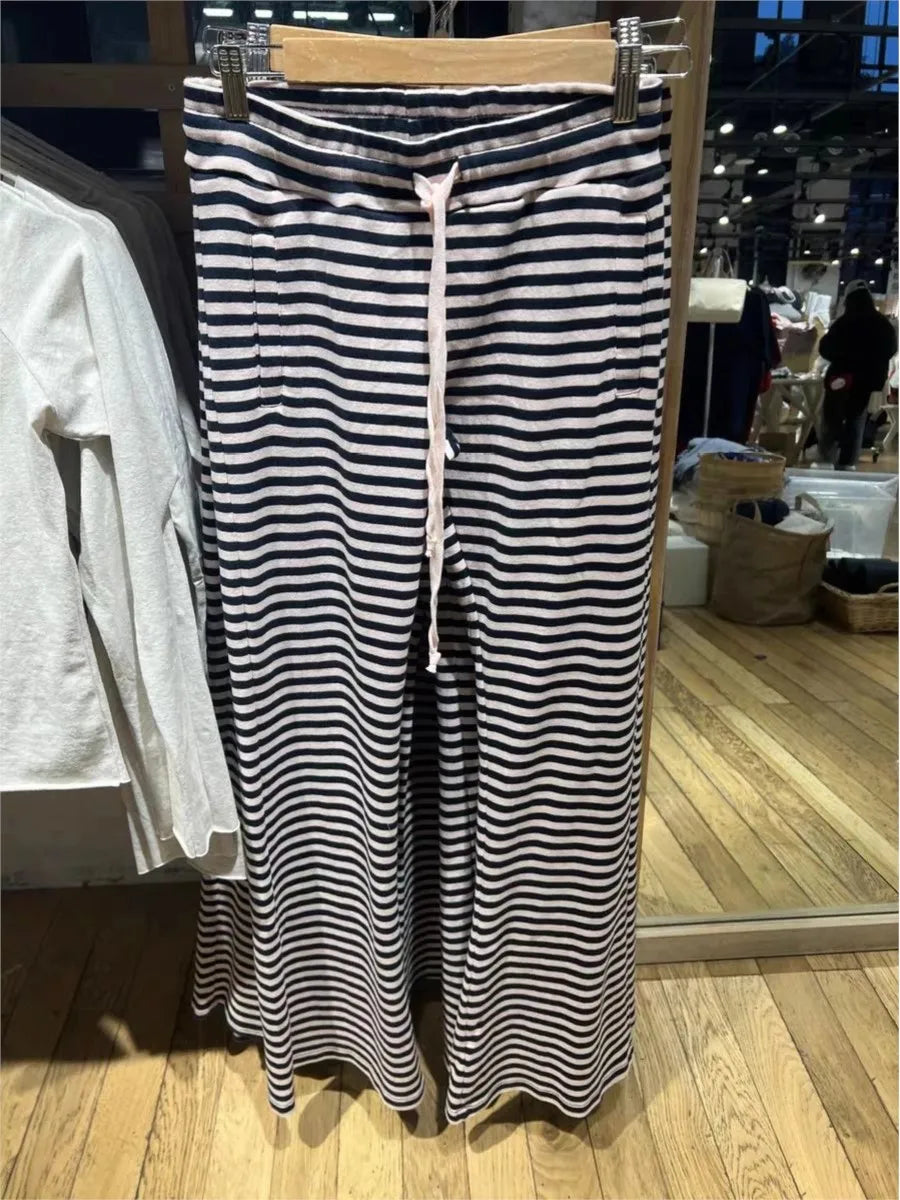 Cute Pink Striped Drawstring Wide Leg Pants Women Cotton Soft High Waist Casual Sweatpant Chic Sweet Preppy Style Y2K Trousers
