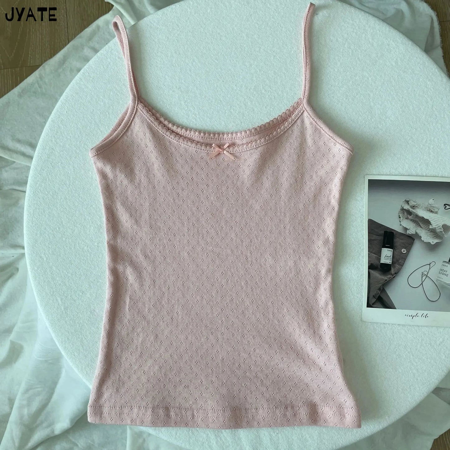Lace Trim Floral Eyelet Tank Tops Women New Summer Cotton Bow Slim Preppy Style Cropped Vests Sweet Vintage Chic Camisole Y2K