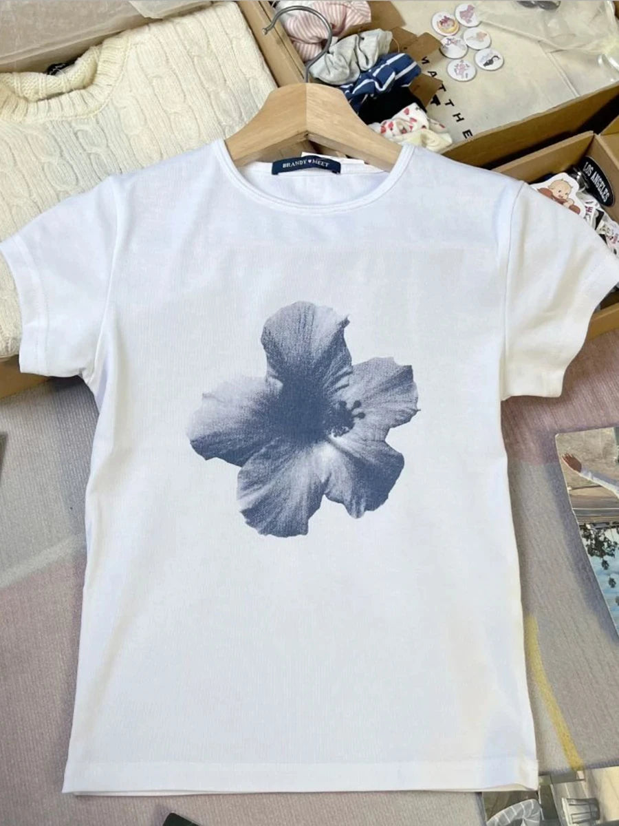 Flower Print Round Neck T-shirt Woman Summer Cotton Short Sleeve Slim Tee Shirts Clothes Female Vintage Sweet Cute Tshirts New
