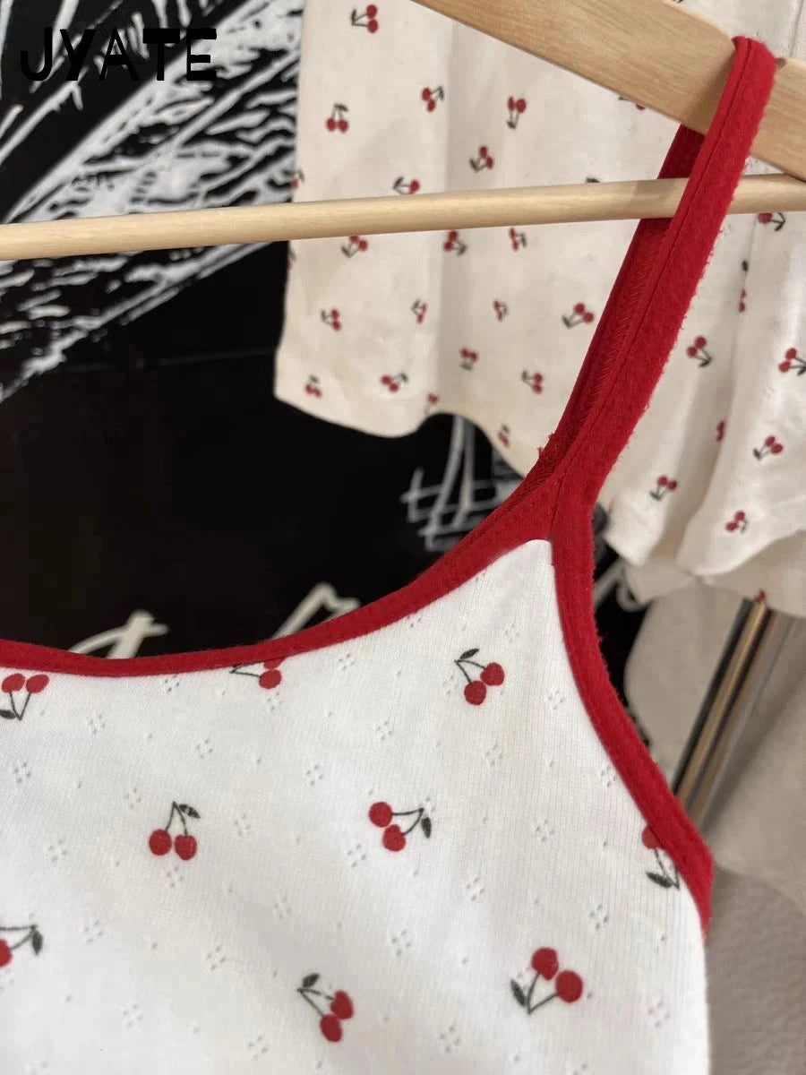 Cherry Print Patchwork Eyelet Camisole Women New Cotton Soft Casual Slim Sleeveless Cropped Vests Vintage Sweet Cute Tank Tops