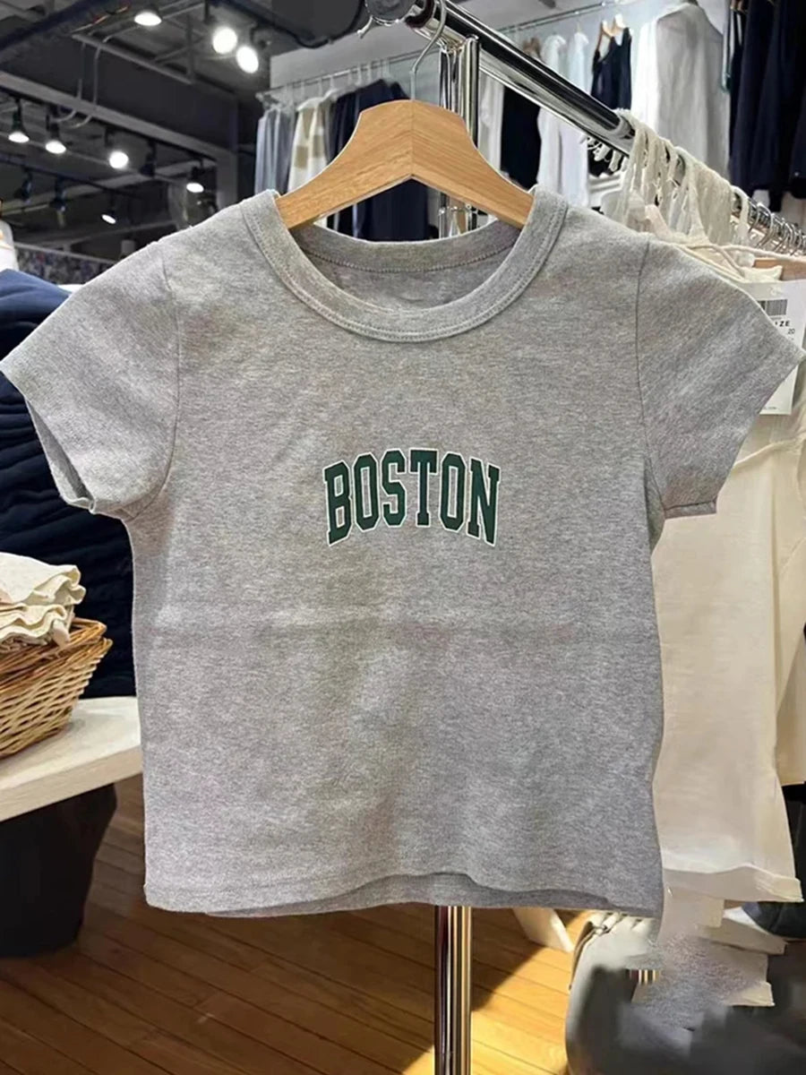 Fashion Letter Print Short Sleeve Tee Women New Casual O-neck Solid Streetwear Retro T-shirts Harajuku Vintage Chic Y2K Crop Top