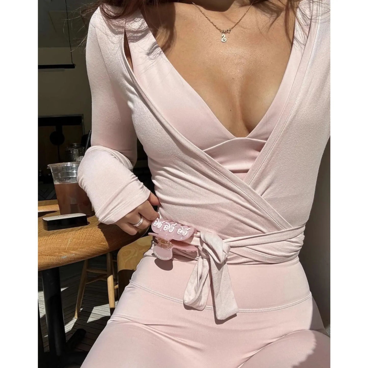 Pink Lace-up Yoga Long Sleeve Tees Women Summer New Casual Fitness Elastic Pilates Tshirt Tops Sweet American Chic T-shirts Y2K