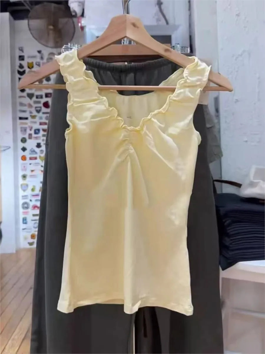 Button Yellow Fungus Trim Slim Tank Tops Women Summer Sleeveless Sexy Bow V-neck Cotton Crop Top Femme Simple Sweet Cute Vests