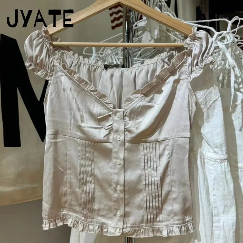 Elegant Pink Ruffle Satin Slim T-Shirt Blouse Women Summer Sexy V Neck Cotton Puff Sleeve Tees Sweet Girls Buttons Crop Top Y2K