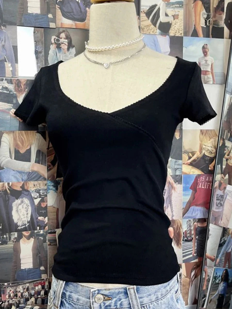 Simple Lace Trim Waffle T-shirts Women Summer New Solid Sexy V-neck Cotton Short Sleeve Tees Harajuku Vintage Chic Y2K Crop Tops