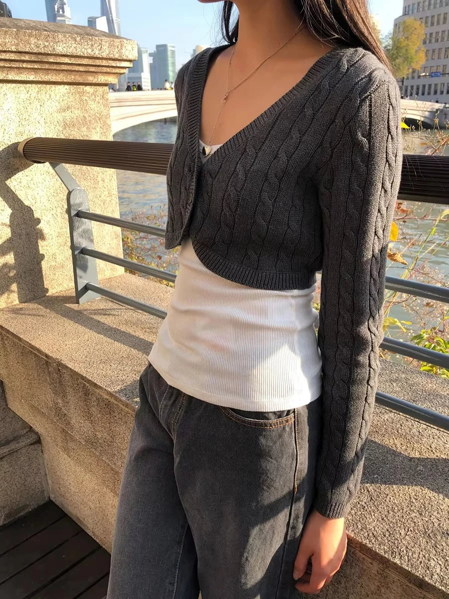 Twisted Flower Cropped Knitwear Women Cotton V-neck Single Breasted Long Sleeve Slim Crop Tops Vintage Chic Sweater Cardigan Y2K