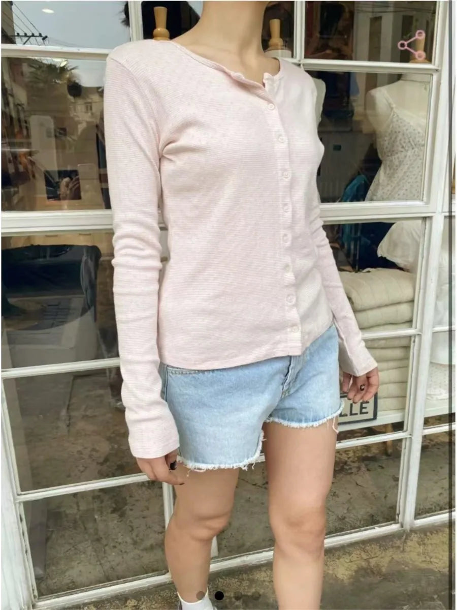 Sweet Pink Eyelet Slim T-shirt Women New O-neck Single Breasted Cotton Soft Long Sleeve Tee Shirts Cute Preppy Style Basic Tops