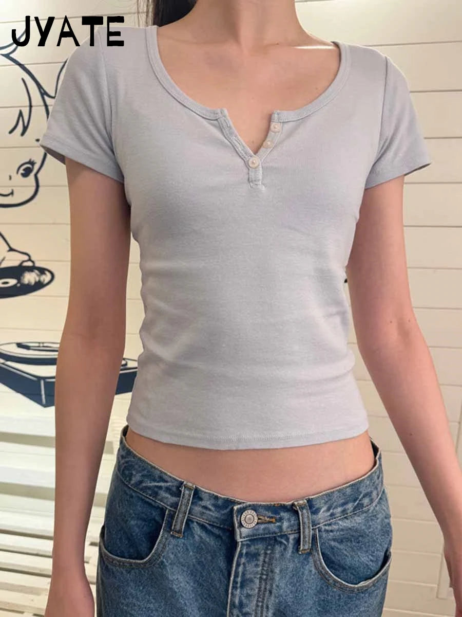 Sweet Pink Buttons Short Sleeve Tee Female New Cotton Soft Casual O-neck Simple Basic Tops Women Cute Chic Harajuku T-shirts Y2K