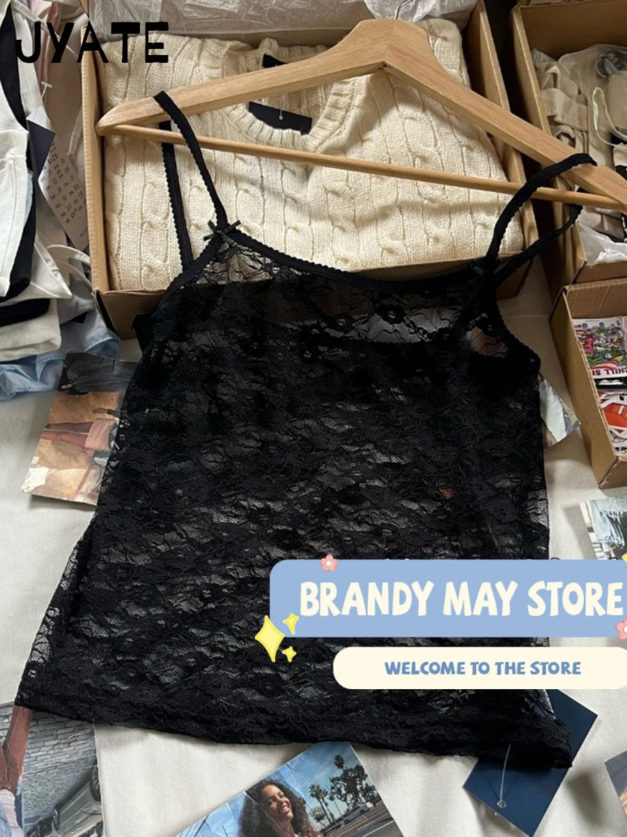 Sexy Lace Hollow Out Bow Solid Tank Tops Women New Casual Streetwear Square Neck Sleeveless Vest Sweet Vintage Chic Camisole Y2K
