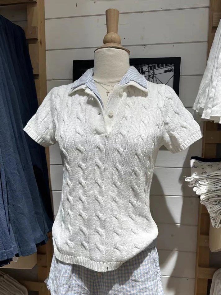 Navy Twist Flower Knit T-shirts Women Casual Turn Down Collar Short Sleeve Tees Sweet American Vintage Tops Y2K T shirts New