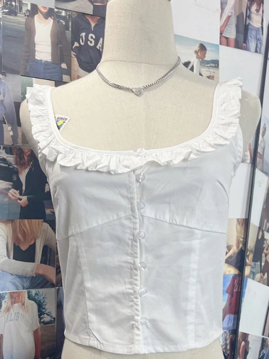 Sweet White Ruffles Buttons Crop Tops Women Summer Cotton Scoop Neck Preppy Short Sleeve Tee Vintage Chic Slim Cute T-shirts Y2K