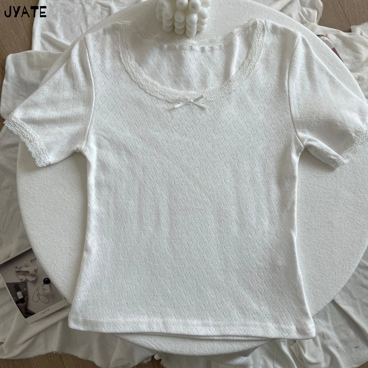Sweet Eyelet Lace Trim Short Sleeve Tee Women New Casual Slim Simple Preppy Style Bow Tops Femme Vintage Cute Basic T-shirts Y2K