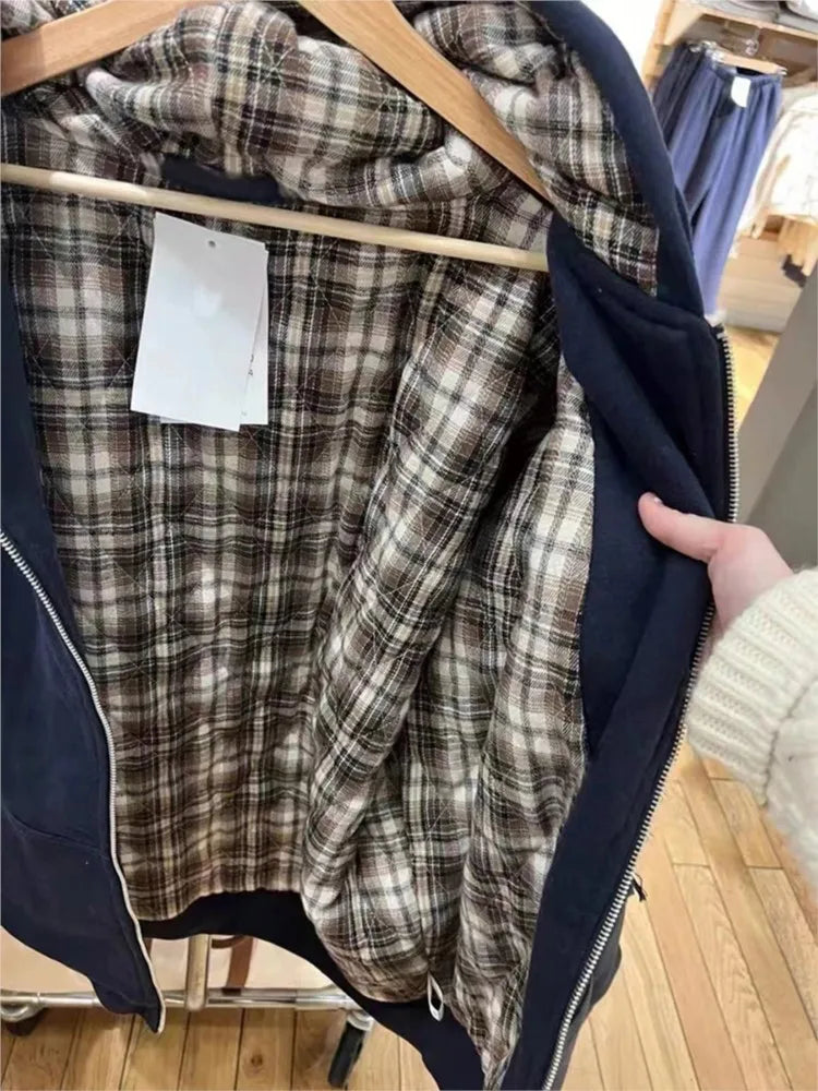 Plaid Print Thick Hoodie Coat Women Autumn Pockets Zip-up Drawstring Classic Pullover Tops Vintage Harajuku Y2K Chic Sweatshirts