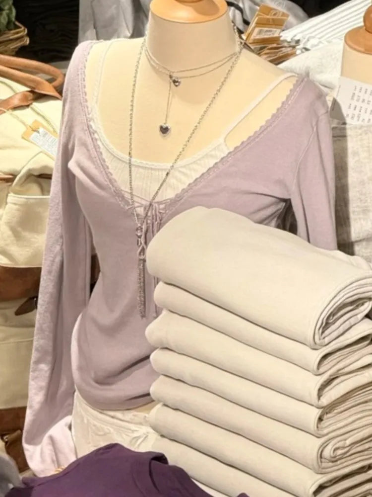 Purple Lace Trim V-neck T-shirts Women Spring Streetwear Chic Cotton Lace-up Long Sleeve Tees Sweet Cute Preppy Style Tshirt Y2K