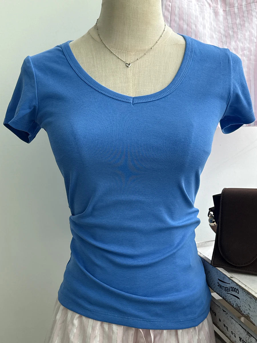 Sweet Gray Lace Trim V-neck Short Sleeve Tee Women New Cotton Casual Simple Slim Tops Clothes Vintage Basic Preppy Style T-shirt