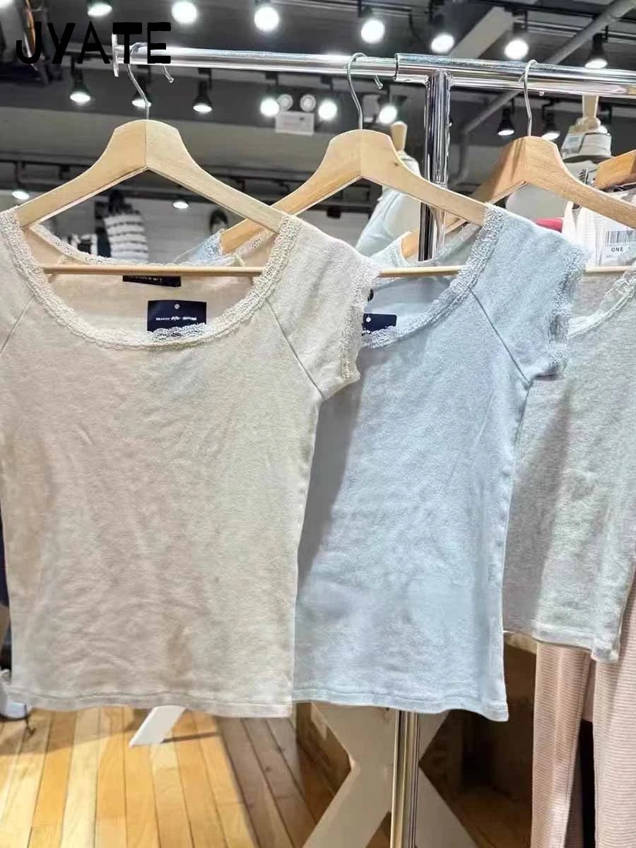 Blue Lace Trim Slim Slash Neck T-shirts Female New Cotton Casual Simple Short Sleeve Tees Vintage Chic Sweet Tops Women Clothes