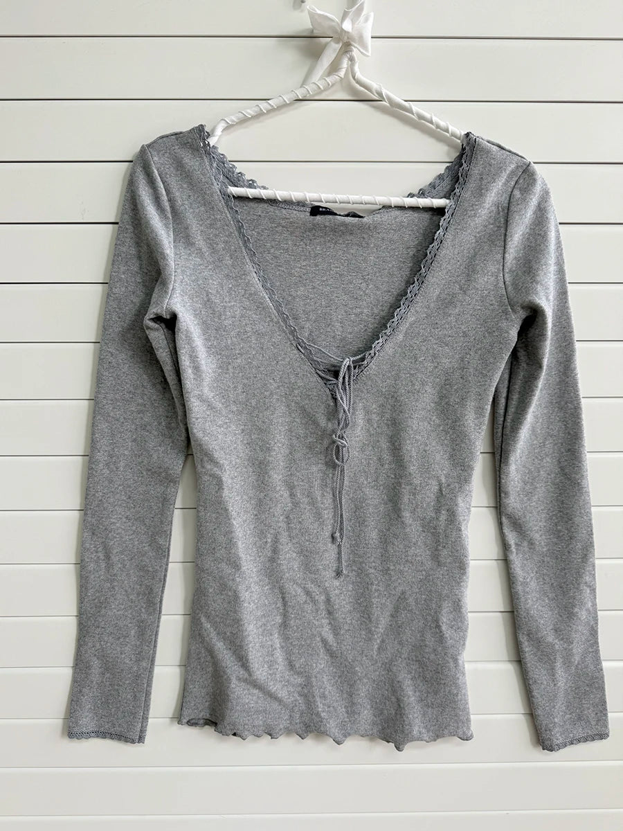 Sweet Lace Trim Long Sleeve Tees Women Casual Simple V-neck Lace-up Cotton Slim Tshirts Female Cute Preppy Style Chic T-shirts