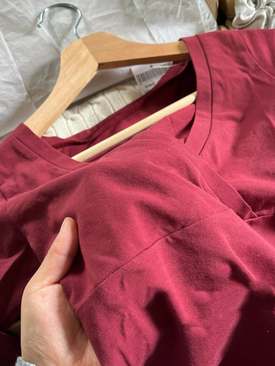Sexy Red V-neck T-shirts Women Autumn New Streetwear Casual Cotton Slim Long Sleeve Tees Fashion Chic Vintage T Shirt Y2K Tops