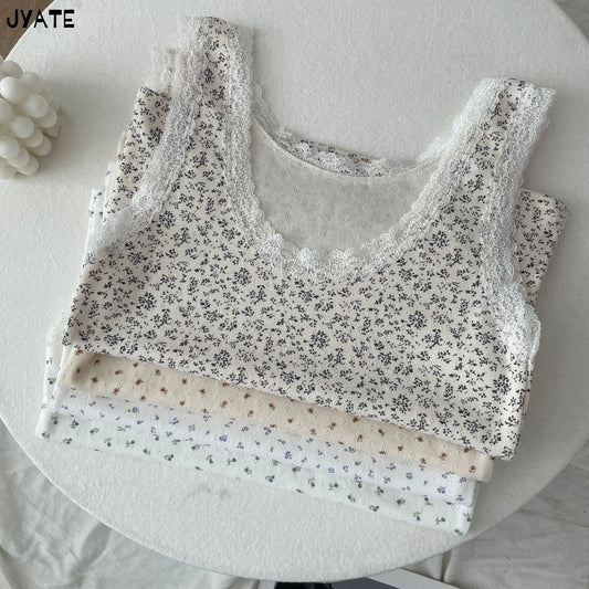 Lace Trim Floral Print Tank Tops Women Summer Cotton Casual Simple U-neck Sleeveless Slim Vests Vintage Sweet Cute Crop Top Y2K