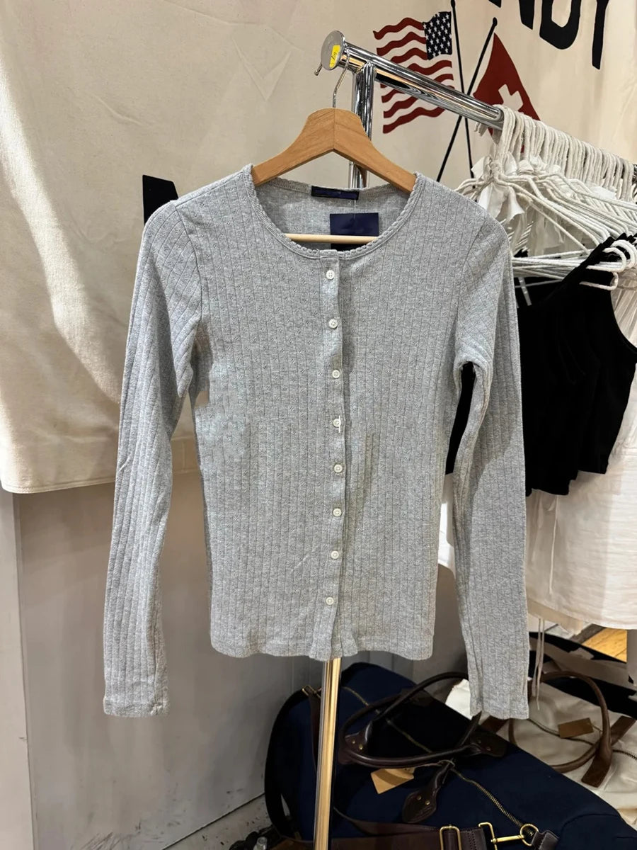 Eyelet Slim Single Breasted T-shirt Women Autumn Preppy Style O-neck Cotton Long Sleeve Tee Shirts Cute Vintage Sweet Tops Y2K