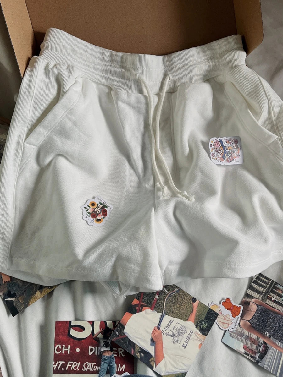 Solid Patchwork Sport Short Pant Women Casual Streetwear Loose Cotton Shorts Simple Preppy Style Bottom Clothes