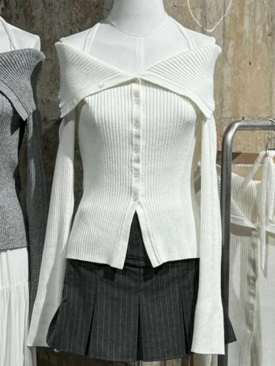 Vintage Fake Two Pieces Lace Halter T-shirt Women Sexy Off Shoulder Single Breasted Slim Long Sleeve Tees Sweet Gray Knit Tshirt
