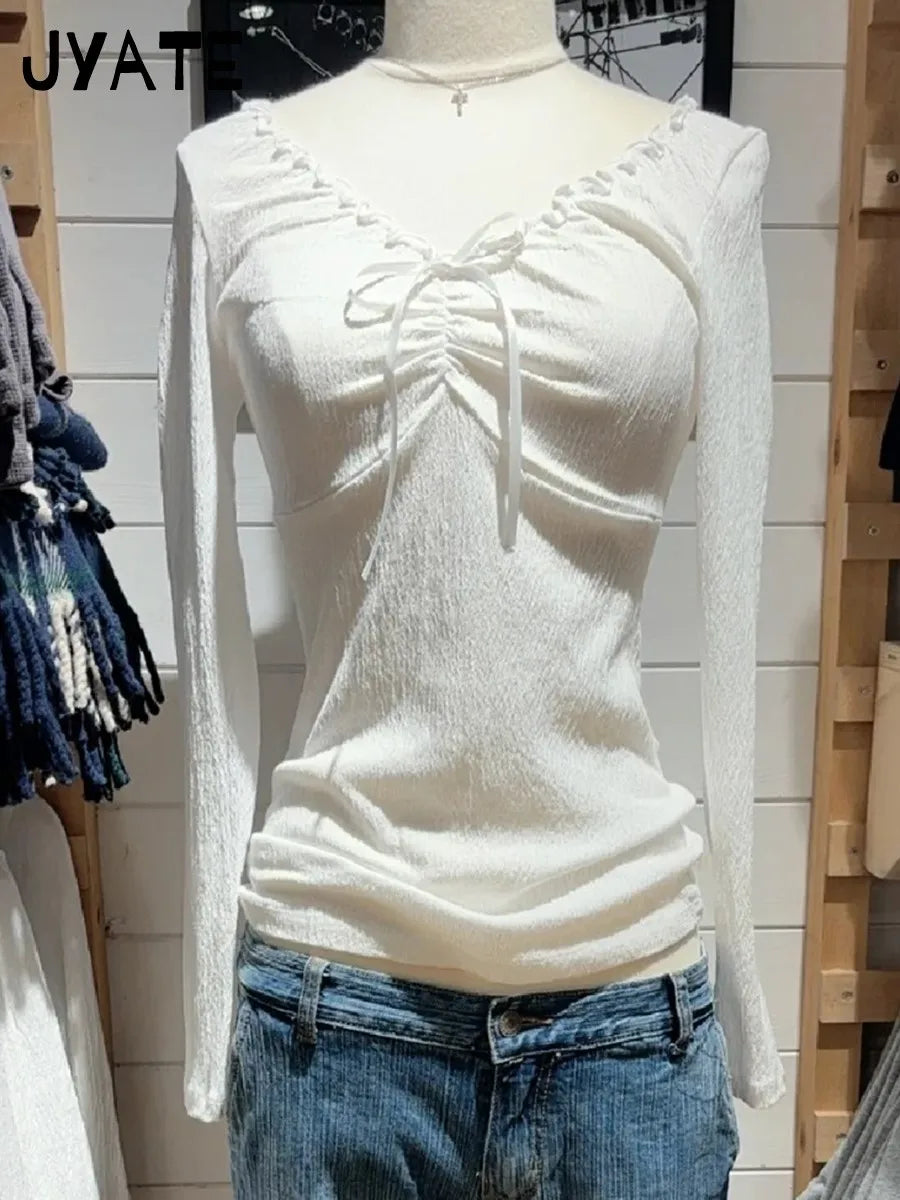 Simple Lace Trim White Long Sleeve T-shirt Women Autumn Sexy V-neck Cotton Slim Tees Casual Vintage Sweet Basic Tshirt Y2K Tops