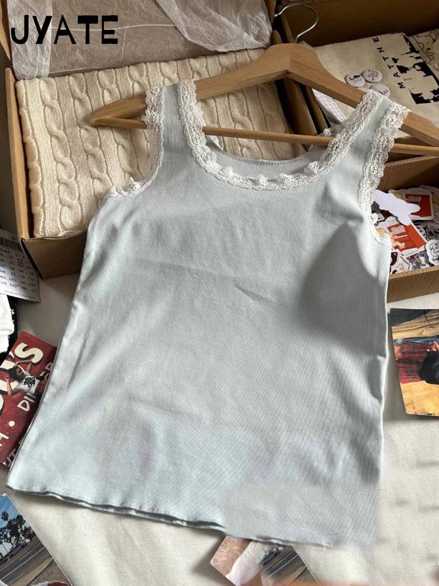 New Sweet Blue Lace Trim Tank Tops Women Summer Cotton Slim Sexy Simple Sleeveless Vests Harajuku Vintage Cute Camis Y2K Clothes