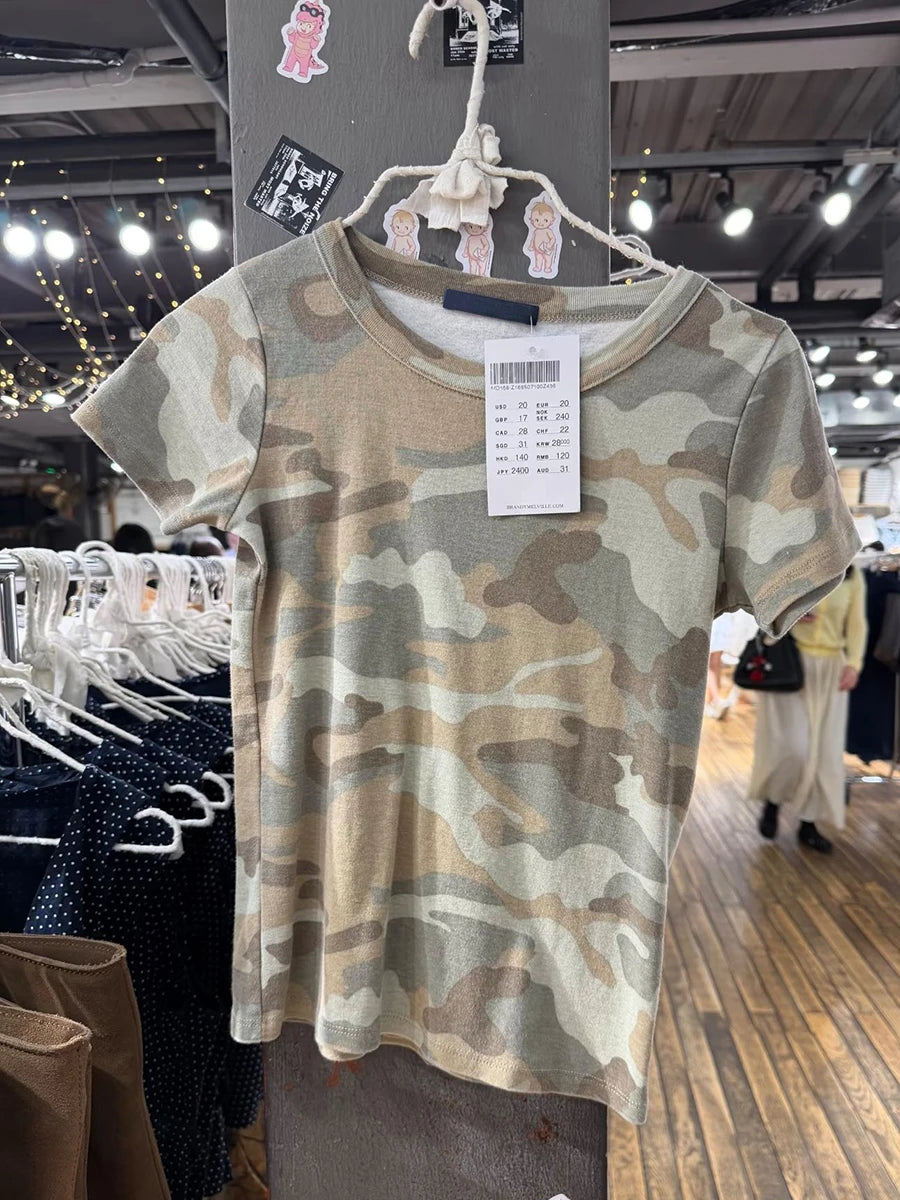 Camouflage Cotton T-shirts Women Streetwear Simple O-neck Short Sleeve Slim Tee Tops American Vintage Casual Tshirts Y2k Top